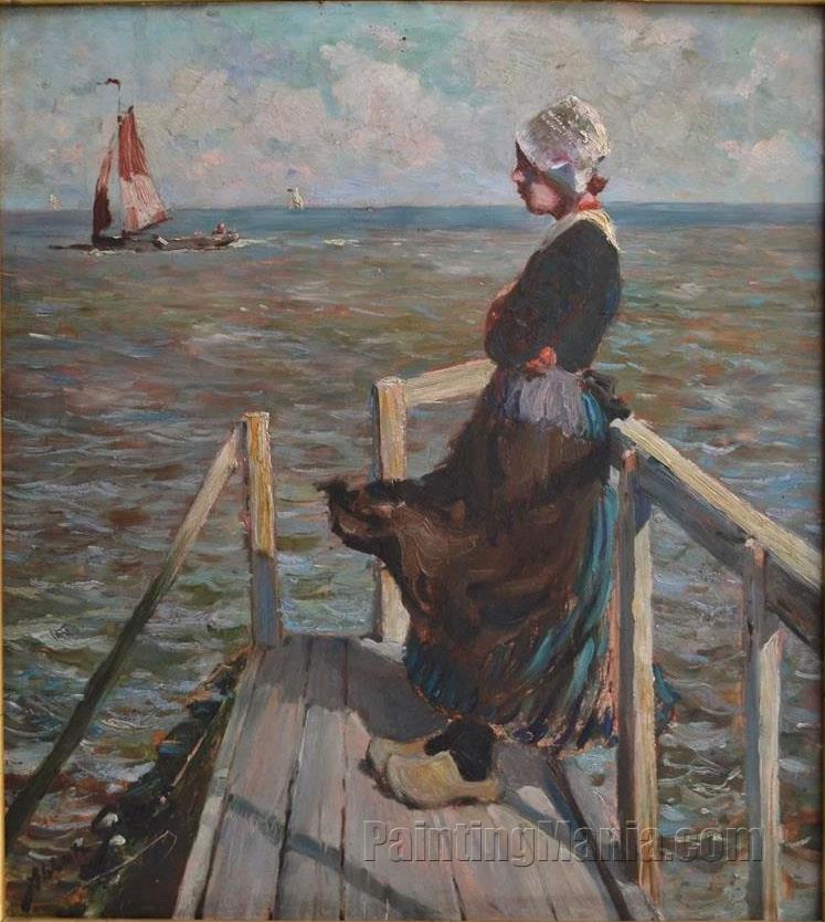 Young Woman Waiting for the Return of the Sailboat on the Pontoon