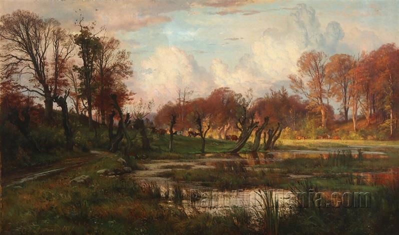 Autumn Meadow Landscape with Cattle at a Water Hole