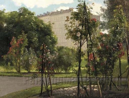 A Colonnade on the Edge of a Park with Roses in Bloom