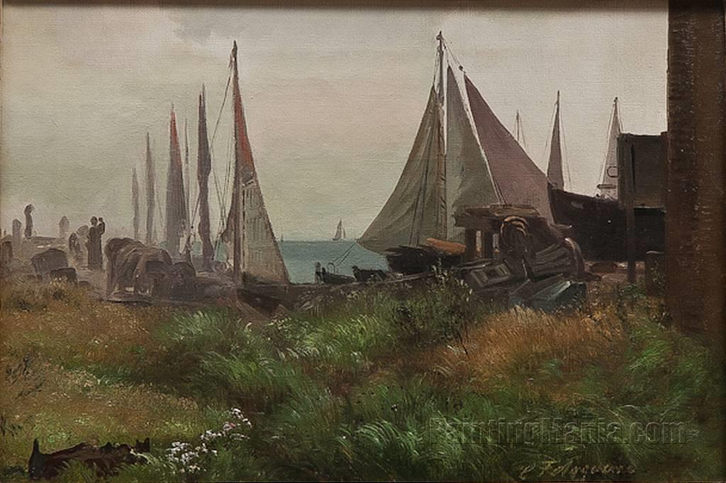 Fishing Village with Sailing Ship in the Background