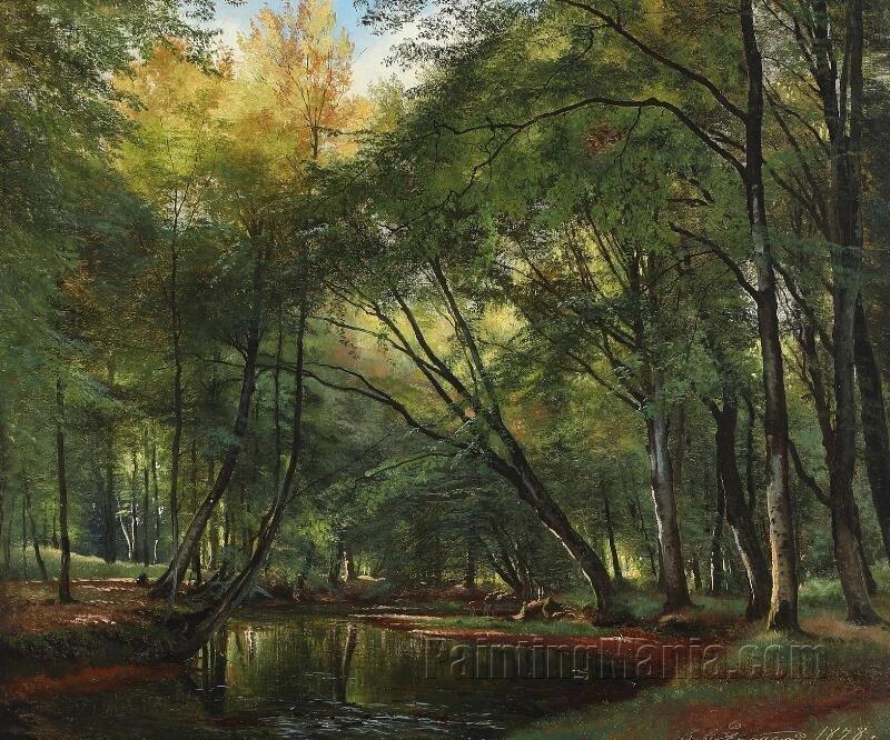 Forest Scenery with Deers Drinking at a Stream