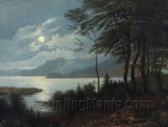 A Landscape with a View Over a Mountain Lake at Night