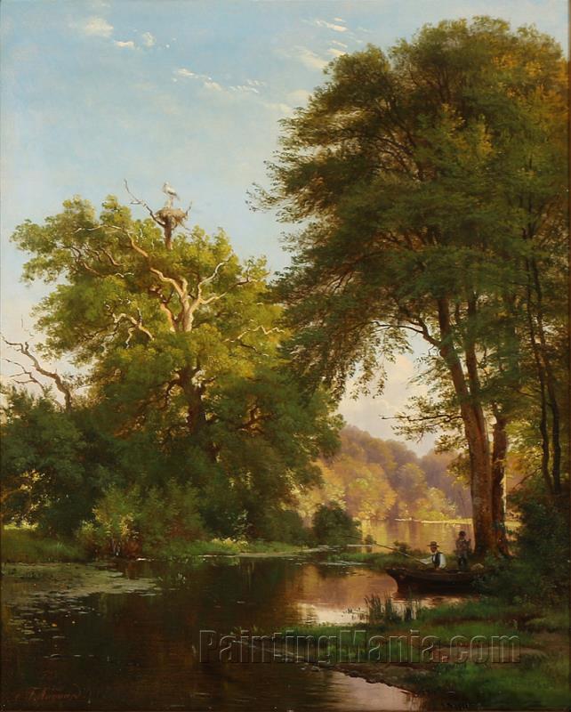 A man and a boy fishing from a boat by the bank of a stream