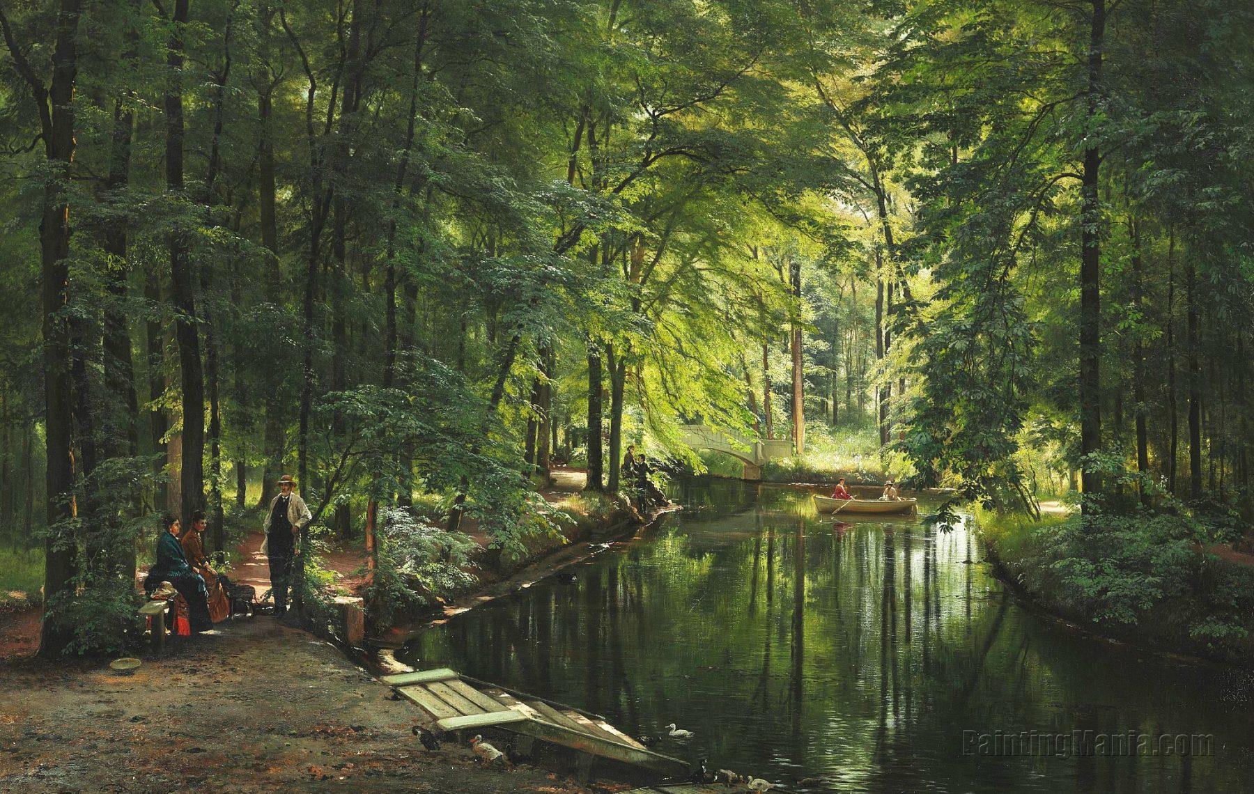 A stream in the spring woods with two women in a rowing boat