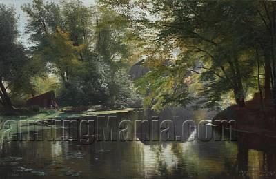 View of a Forest Lake with an Angler and His Family