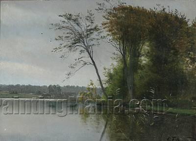 View of a Lake with Two Children Fishing