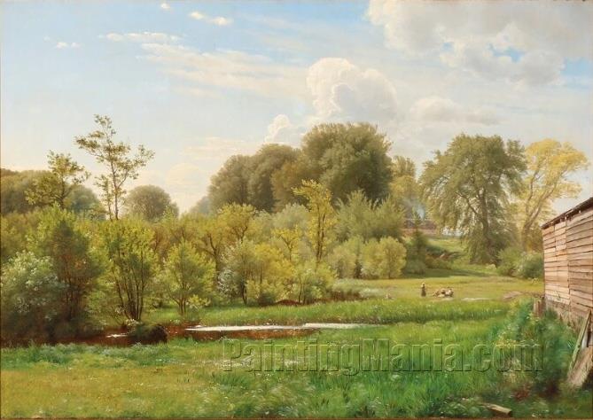 A view of a meadow with picnickers by a lake coast