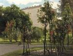 A Colonnade on the Edge of a Park with Roses in Bloom