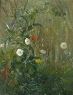 Field flowers and grass patch with poppies, dandelions, and cornflowers