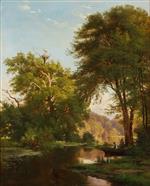 A man and a boy fishing from a boat by the bank of a stream