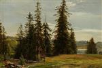 Summer Landscape with Fir Trees by a Lake