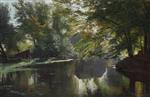 View of a Forest Lake with an Angler and His Family