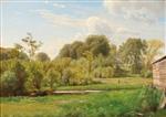 A view of a meadow with picnickers by a lake coast