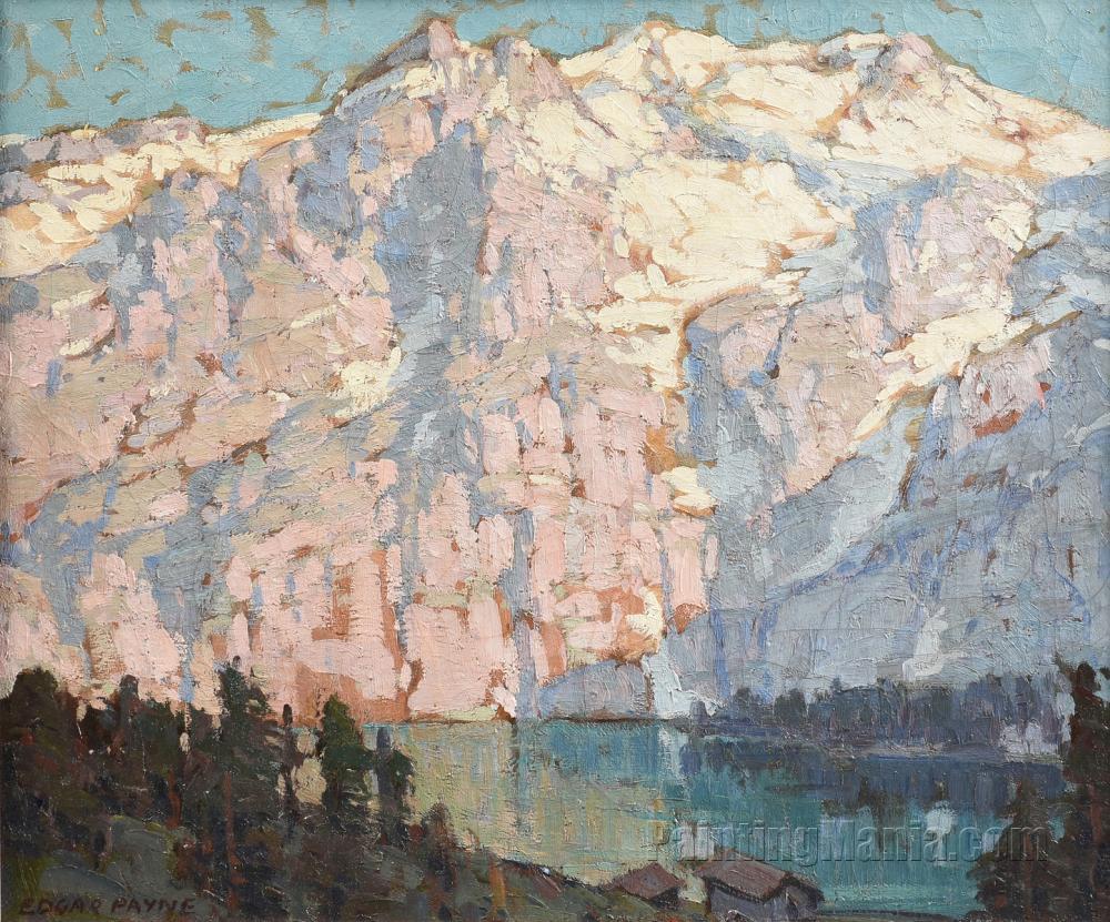 Pink and Violet Mountains with Lake Front Houses