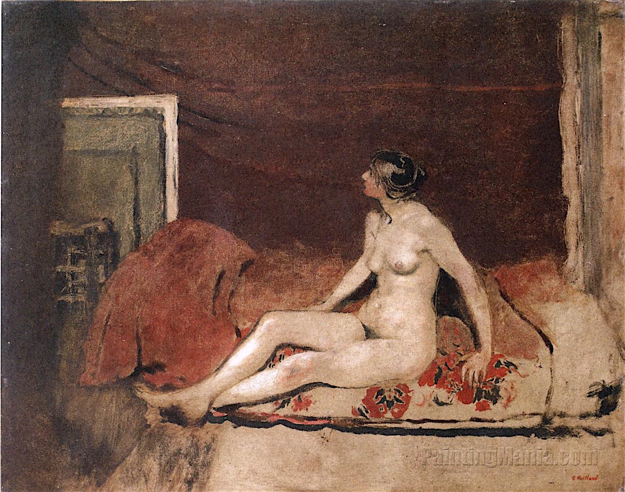 Nude on a Blanket with Red Flowers - Edouard Vuillard Paintings