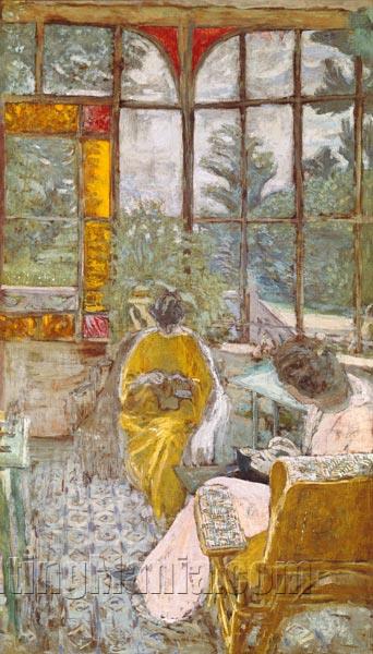 Two Women Embroidering on a Veranda