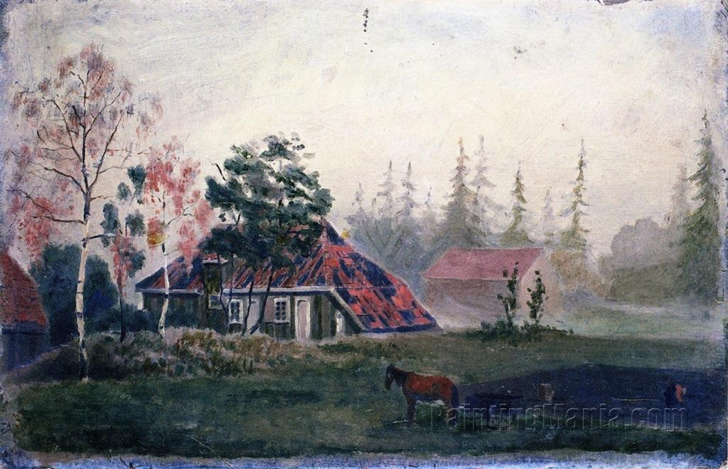 Horse and Wagon in front of Farm Buildings