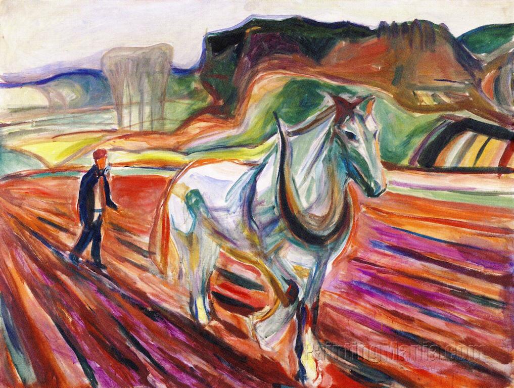 Man Plowing with a White Horse