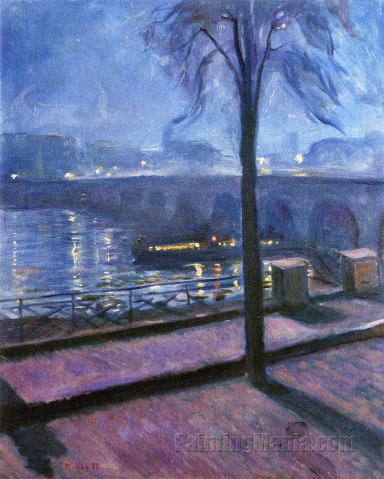 Night in Saint Cloud - Edvard Munch hand-painted oil painting, man  commanded a beautiful view of Seine, darkened, seemingly hallowed room