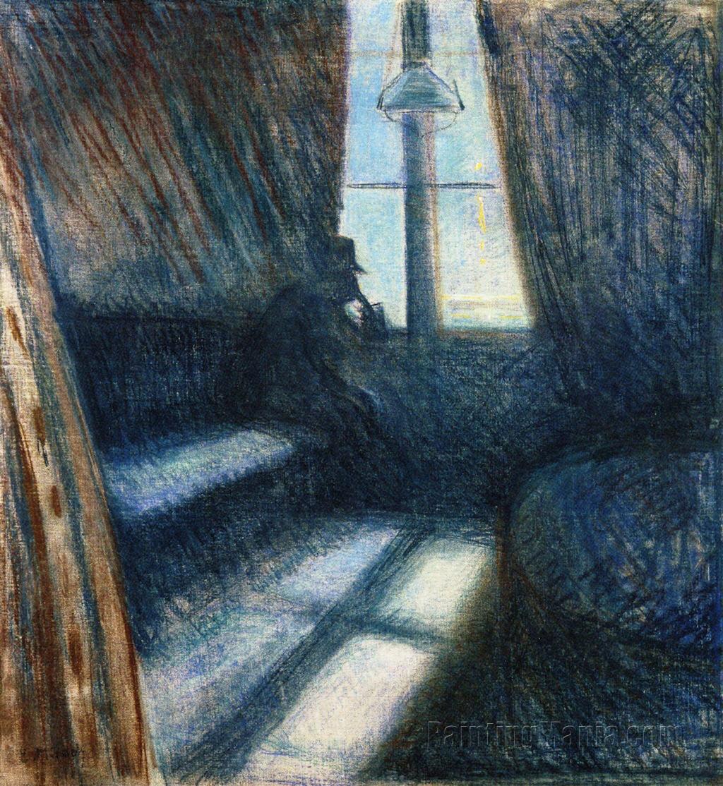 Night in Saint Cloud - Edvard Munch hand-painted oil painting, man  commanded a beautiful view of Seine, darkened, seemingly hallowed room