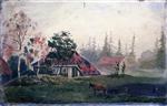 Horse and Wagon in front of Farm Buildings