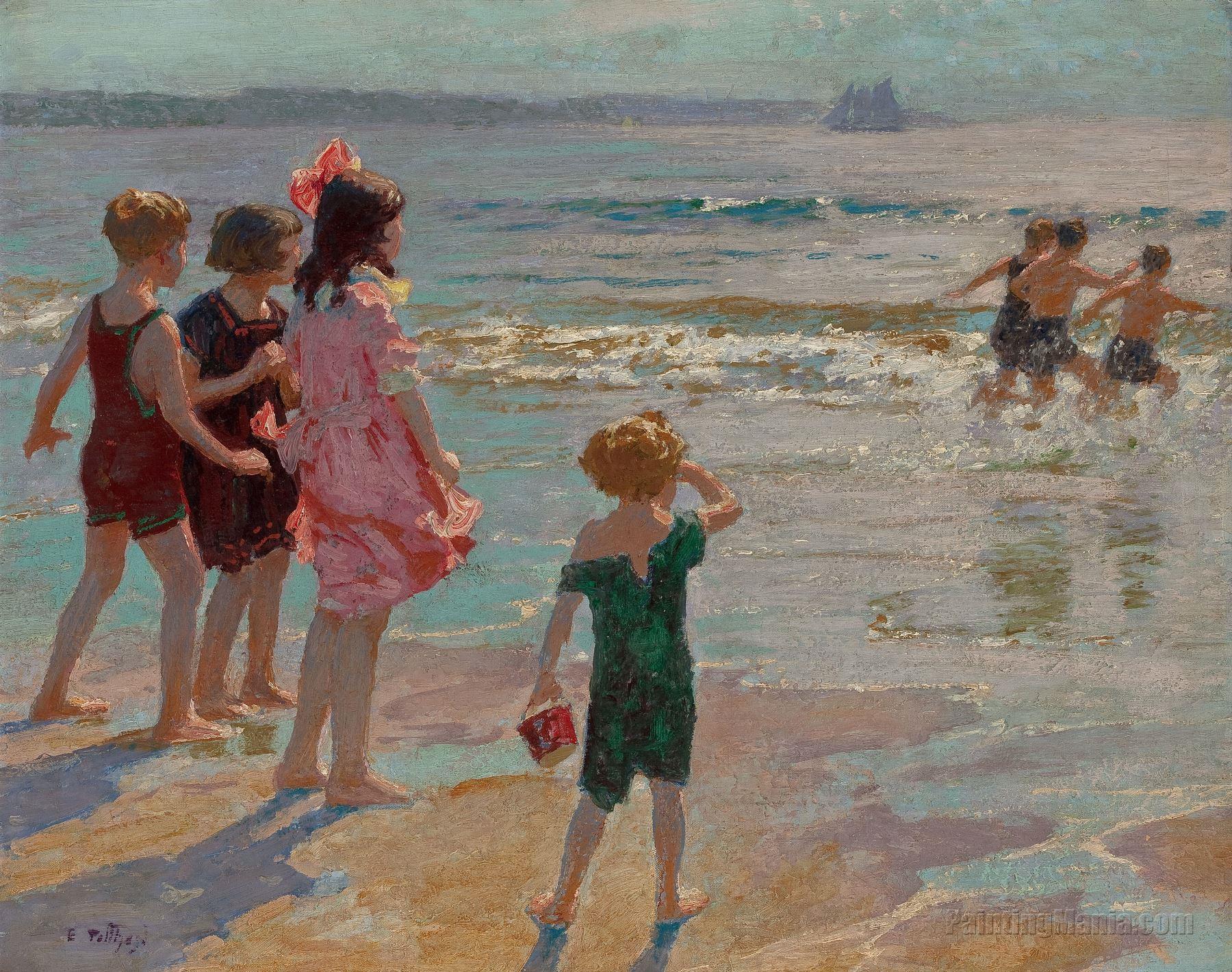 Children buy Playing at the Seashore ,Edward Potthast oil painting reproduction,Ocean Painting,Little Girls on the Beach,large wall art canvas