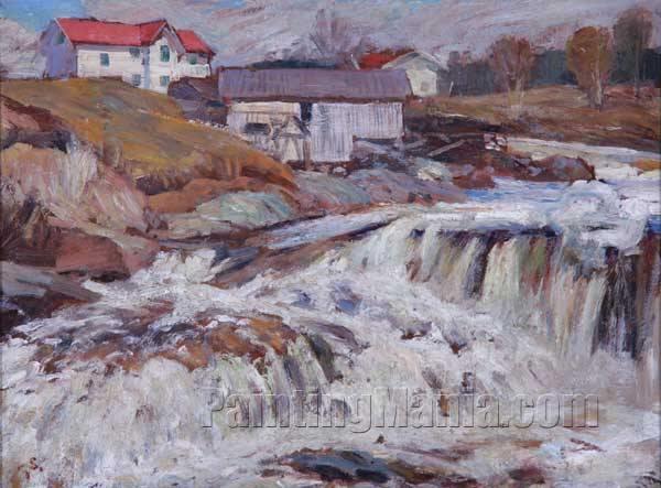 Waterfall and Houses in New England Landscape