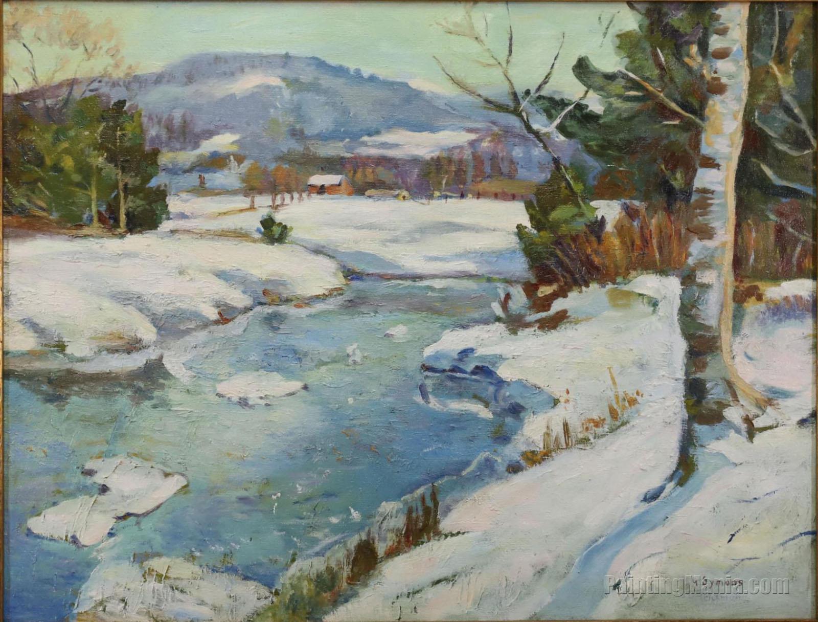 Winter Landscape with Stream and Cottage