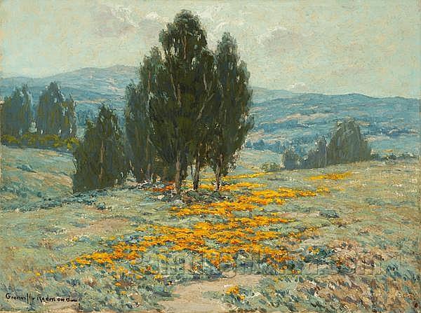 California Landscape with Eucalyptus Trees and Poppies