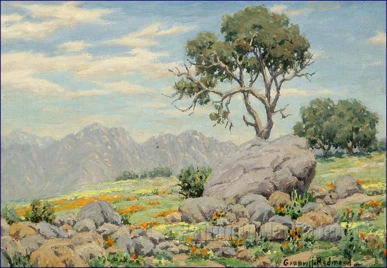 California Landscape with Oak Trees, Poppies and Rocks