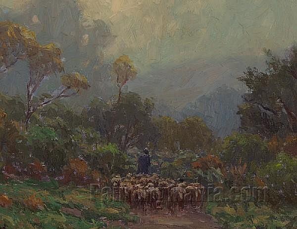 Misty Morning, Shepherd with Flock