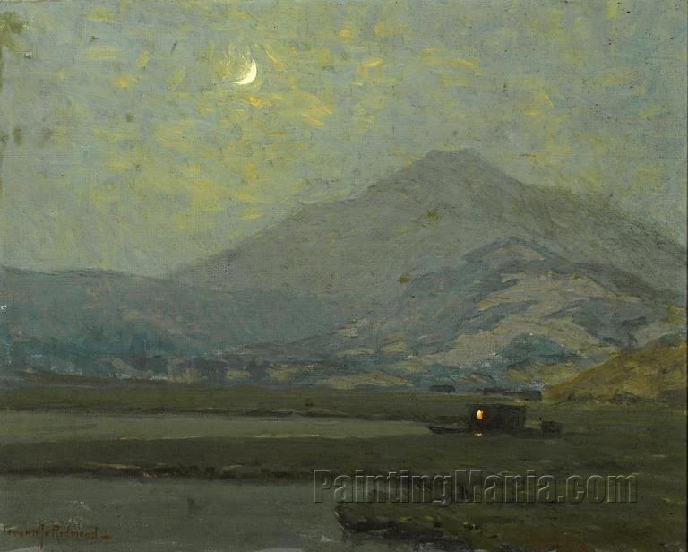 Mount Tamalpais in Moonlight with a Moored Vessel in the Marshes Below