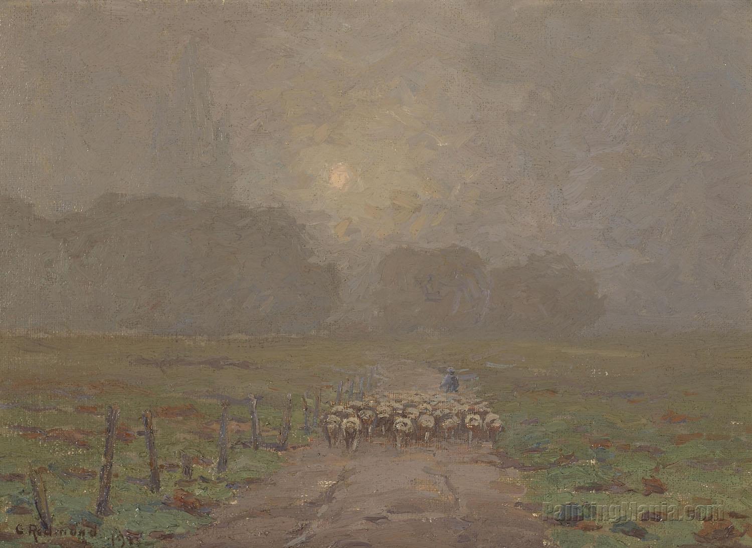 Shepherd Herding Sheep in a Misty Landscape