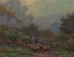 Misty Morning. Shepherd with Flock