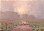 Shepherd Herding Sheep in a Misty Landscape