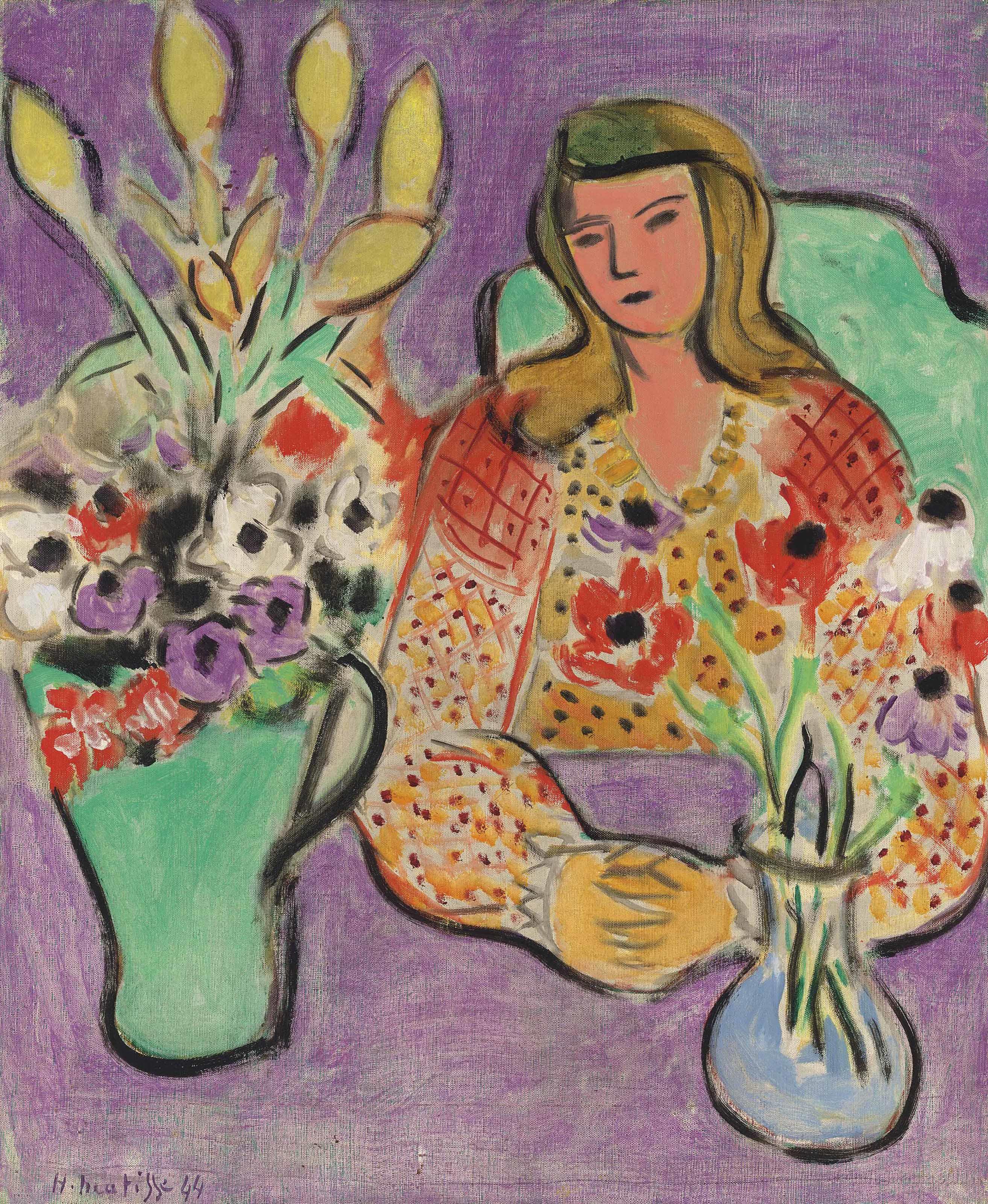 Girl with Anemones on a Purple Background