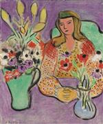 Girl with Anemones on a Purple Background