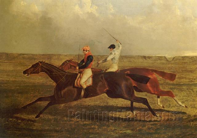 The Earl of Chesterfield's "Priam", L. Robinson up, beating Lord Exeter's "Augustus" at Newmarket in