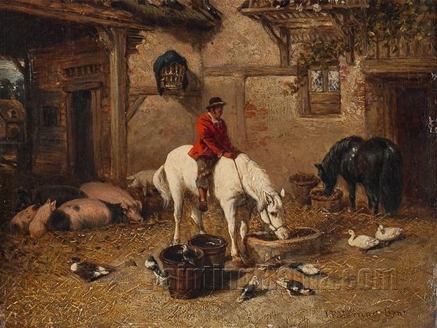 Farmyard with Horse Rider