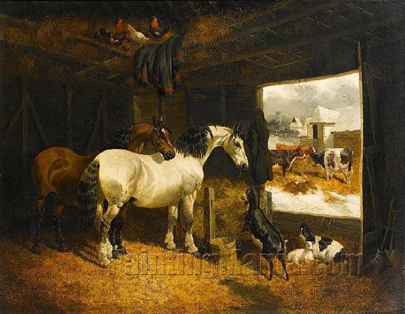 Farmyard Scene with Horses, Goats and Cattle