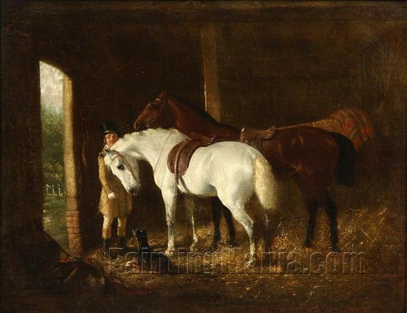 Groomsman with Two Horses in Stables