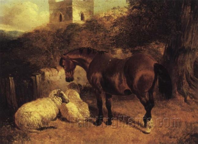 Horse and Sheep with Castle Beyond