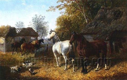 Horses and Ducks in Farmyard