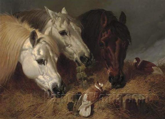 Horses Feeding with Two Ornamental Pigeons at a Manger