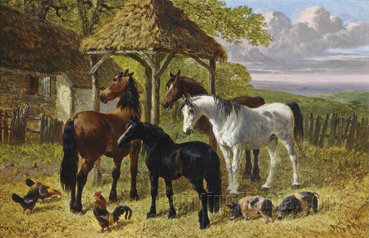 Horses, Piglets and Chickens in the Farmyard