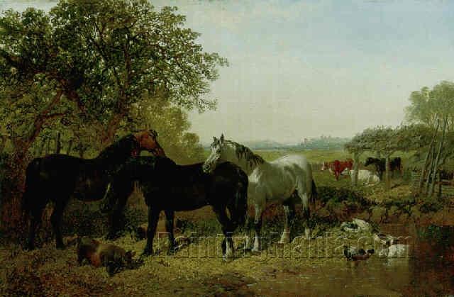 Horses, pigs, ducks and cattle by a farmyard pond