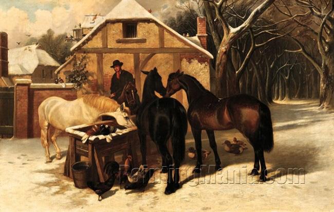 Horses at a Village Watering Trough, Winter