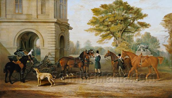 Lady Williams-Wynn horses and a coach in front of castle Wynnstay