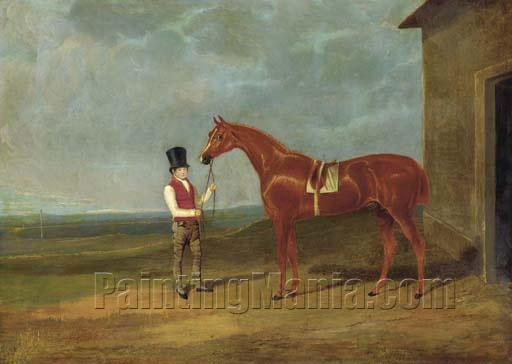 Mr. Dixon's Mountaineer, a Chestnut colt, Held by a Groom Outside a Stable