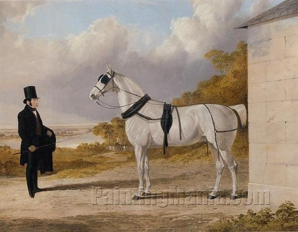 Portrait of James Hartley with a Grey Carriage Horse, in an Extensive River Landscape